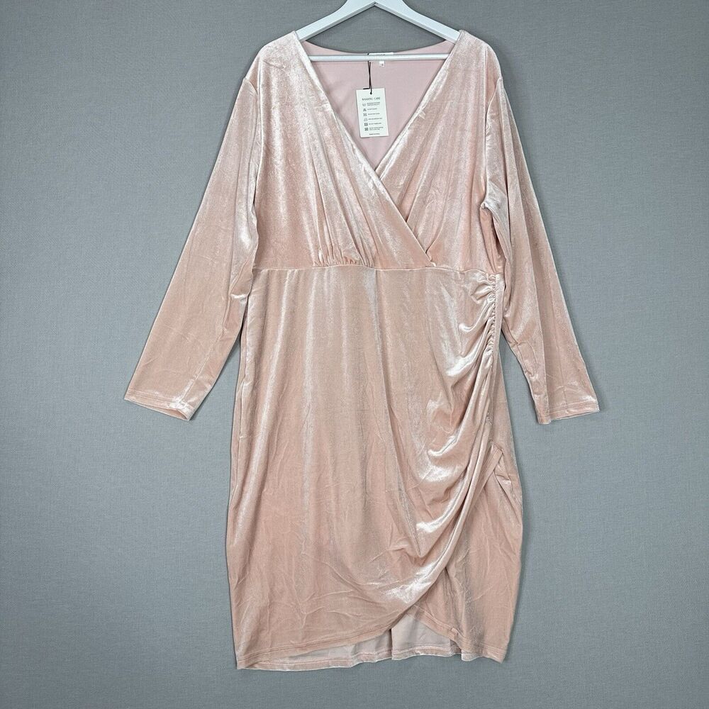 Pinup Fashion Womens Dress 24W Pink Velvet Faux Wrap Midi Fitted Cocktail Retro